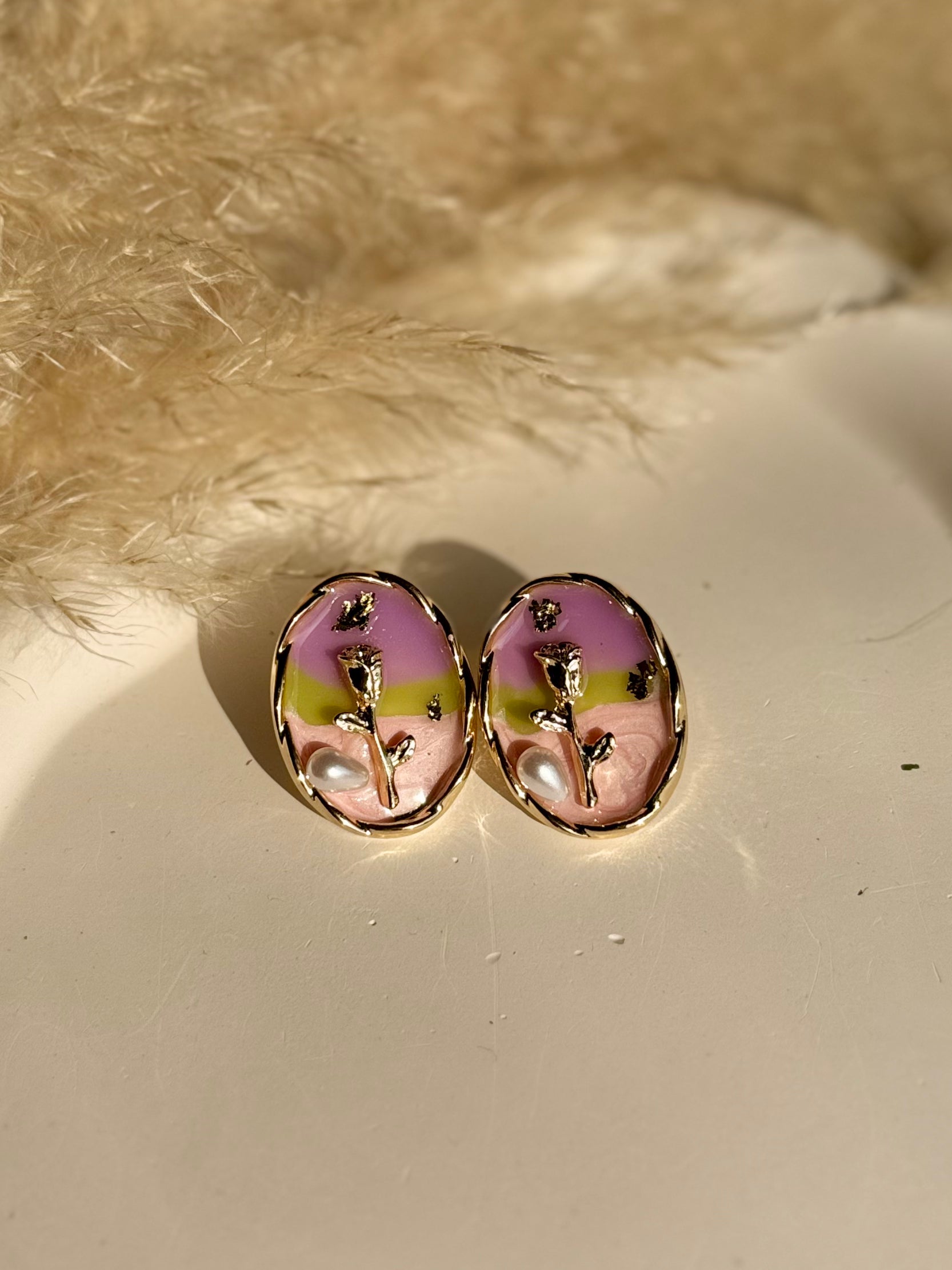 Vintage Oil Painting Floral Pearl Oval Earrings
