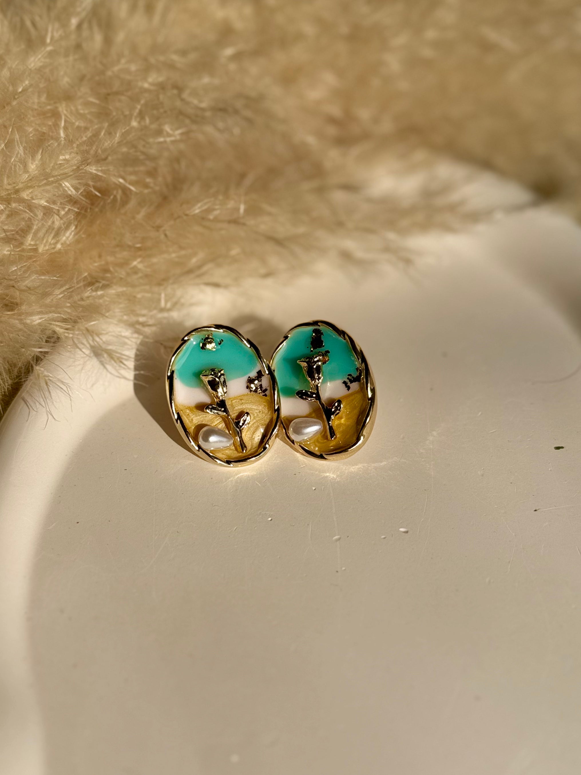 Vintage Oil Painting Floral Pearl Oval Earrings